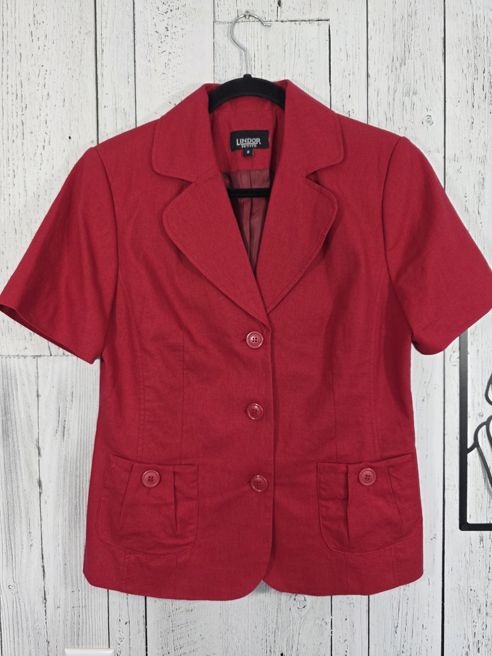 Lindor Petite Red Linen Blend Short Sleeve Blazer Size 8 Office, Workwear